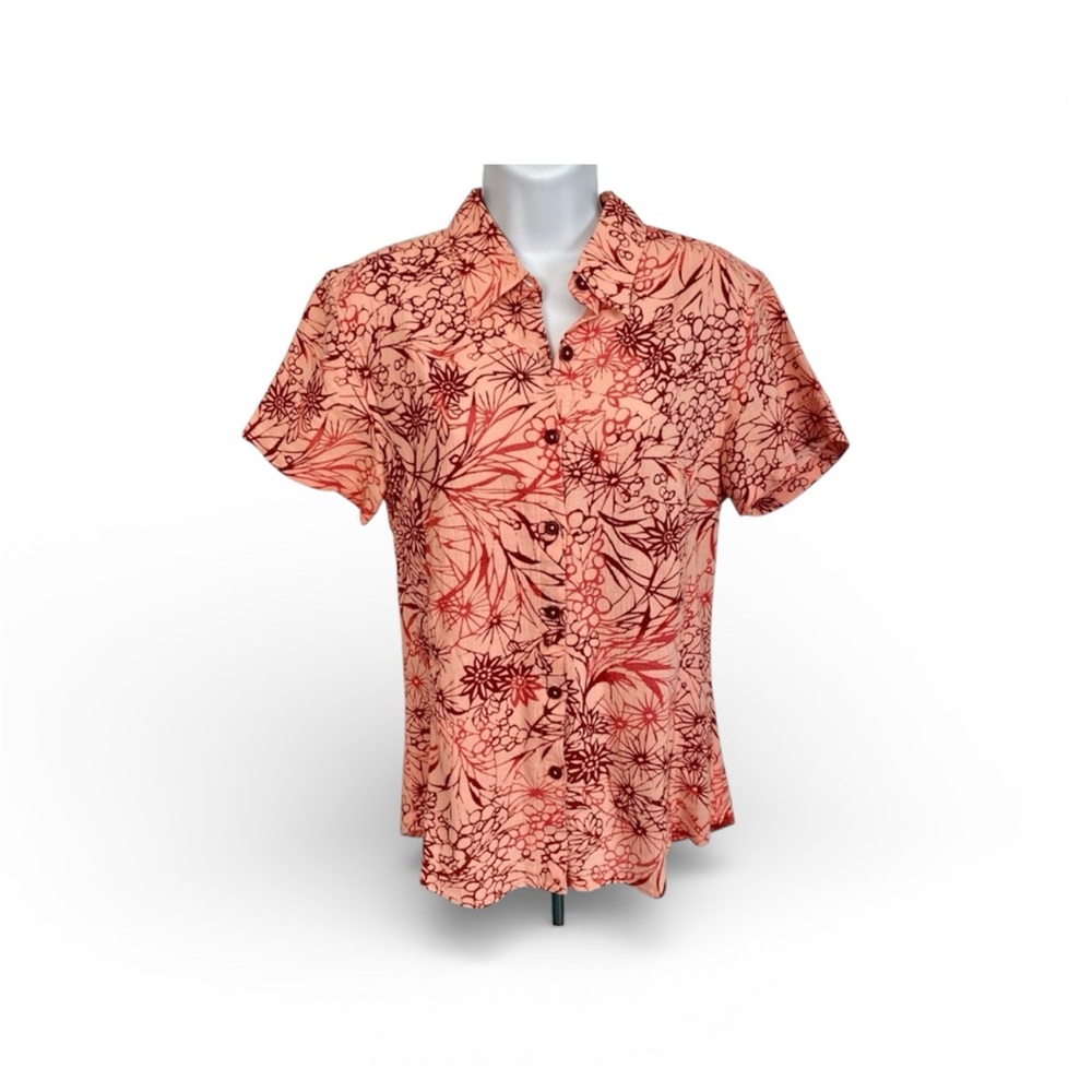 Patagonia Short Sleeve Button Down Shirt Textured Weave Peach Floral Sz 10